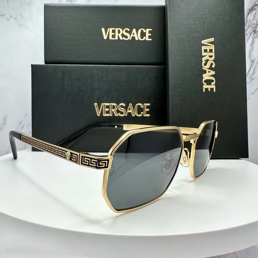 New VERSACE Sunglasses Gold Metal Rectangle Greca Logo Grey Lens Retro Authentic
